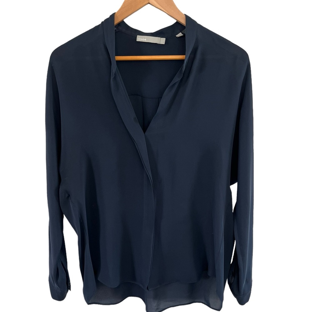Vince Women's Poplin Popover Silk Long Sleeve Blouse in Navy, Size 2